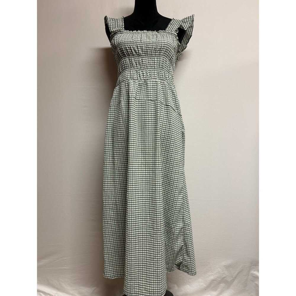 Old Navy Womens Sz M Dress Gingham sage green White Midi Dress Sleeveless